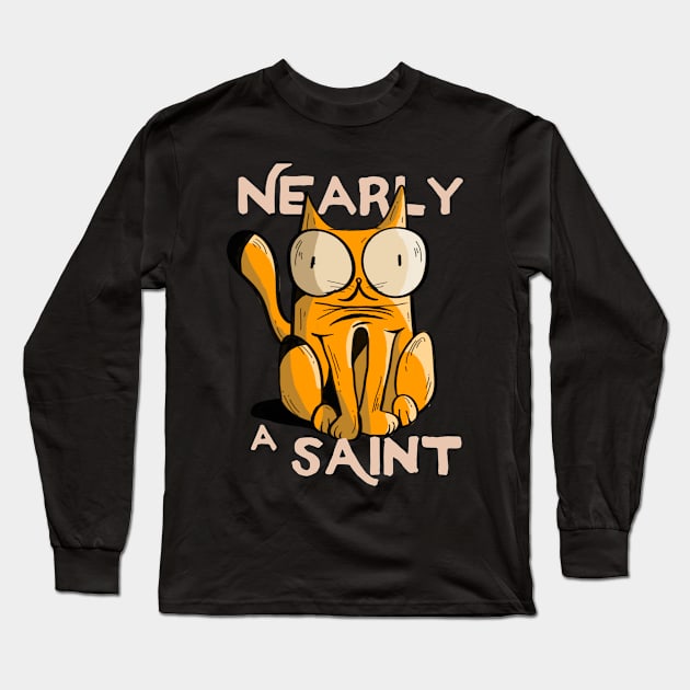 Nearly a Saint cute funny cat doodle illustration Long Sleeve T-Shirt by SpaceWiz95